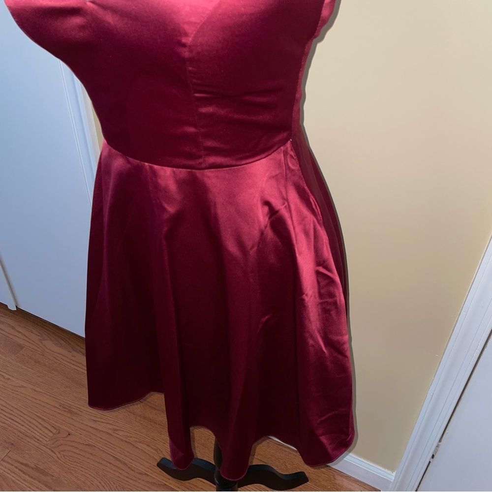 B DARLIN Satin Fit & Flare Dress in Wine - Picture 5 of 8